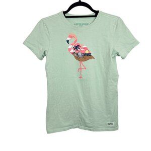 Life Is Good Womens XS Crusher Tee Flamingo Print Light Green 100% Cotton